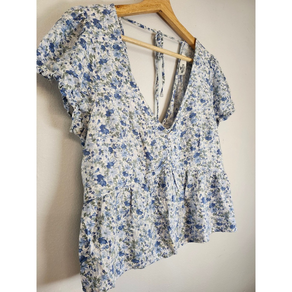 Hollister Blue Floral Babydoll Top Women's Large Cottagecore Puff Sleeve Peplum - Picture 3 of 12
